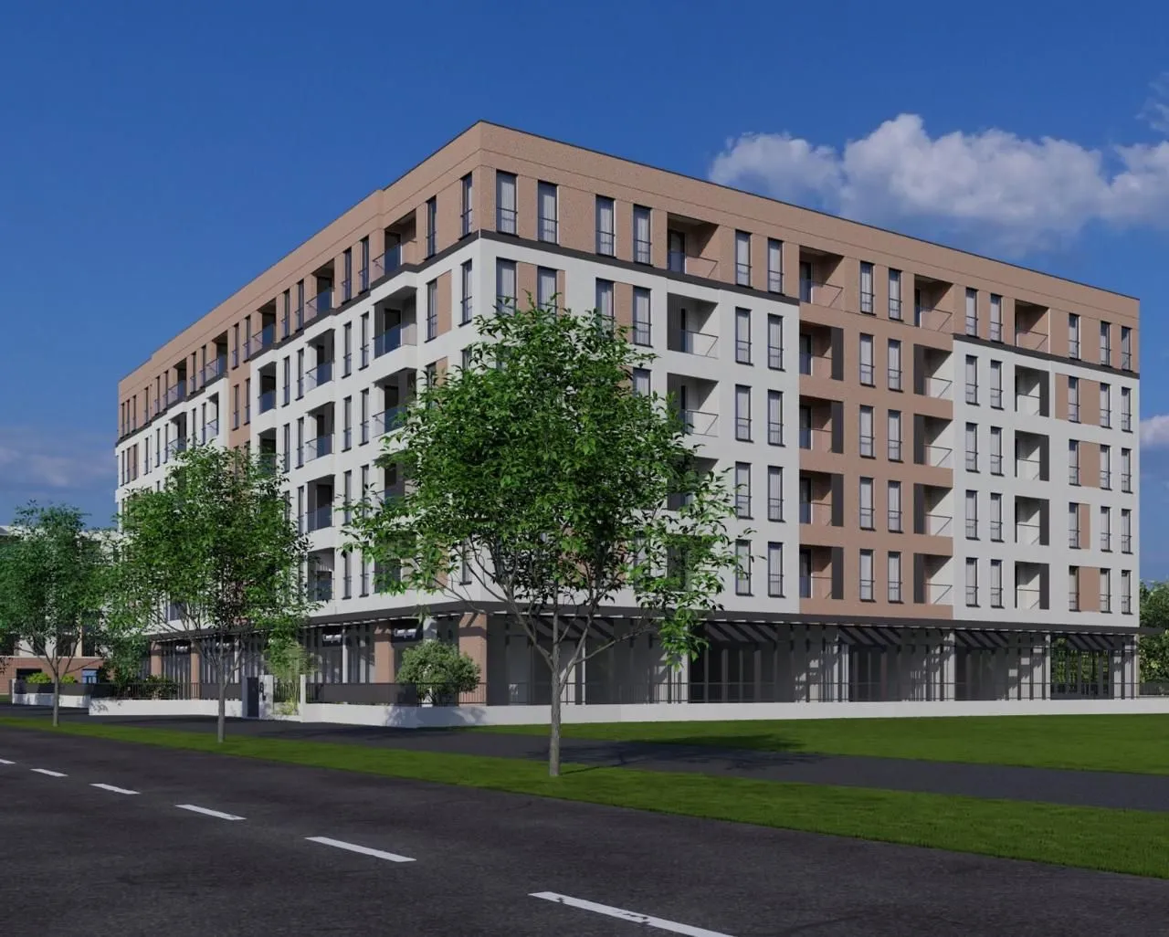 Spoljašnji izgled moderne stambene zgrade sa uređenom okolinom.