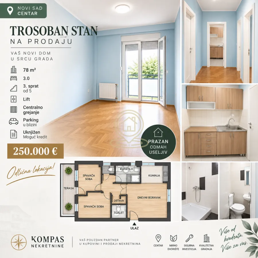 Prodaja, trosoban stan, 78m², Centar, Novi Sad