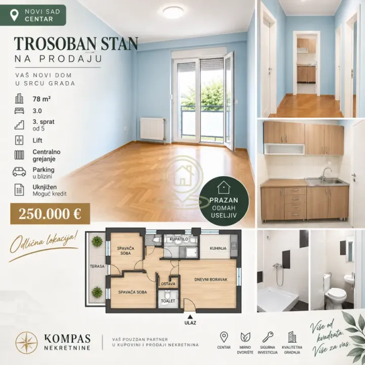 Prodaja, trosoban stan, 78m², Centar, Novi Sad