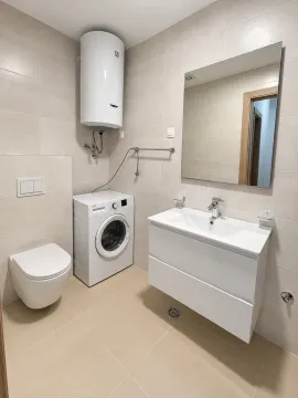 Modern bathroom equipped with a sink, toilet, and washing machine. - image 9