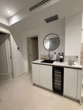 Moderna mini kuhinja sa sudoperom, ugradnim frižiderom za vino i aparatom za kafu. - image 14