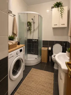 Moderne kupatilo sa tuš kabinom, umivaonikom, WC šoljom i veš mašinom. - image 3
