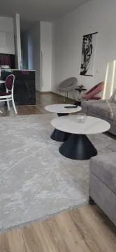 Spacious living room with a sofa and two round coffee tables. - image 4