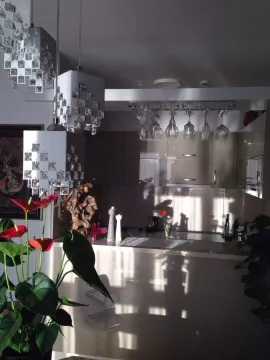 Moderna kuhinja sa šankom, visećim čašama i ukrasnim lusterima. - image 4