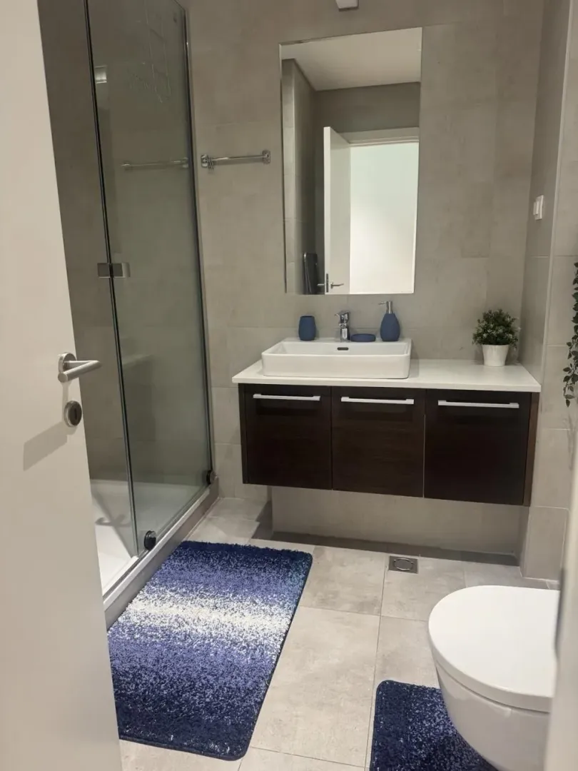 Modernly equipped bathroom with a shower cabin, washbasin, and toilet.