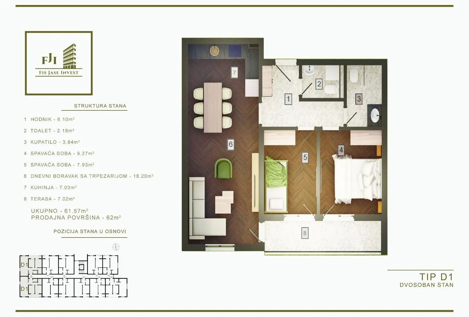 Prodaja, dvosoban stan, 62m², Zagorič, Podgorica