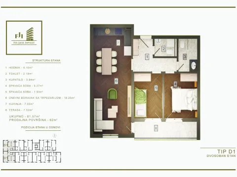 Sale, two bedroom apartment, 62m², Zagorič, Podgorica - image 9