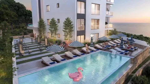 Render spoljašnjosti stambene zgrade sa bazenom i pogledom na more. - image 7