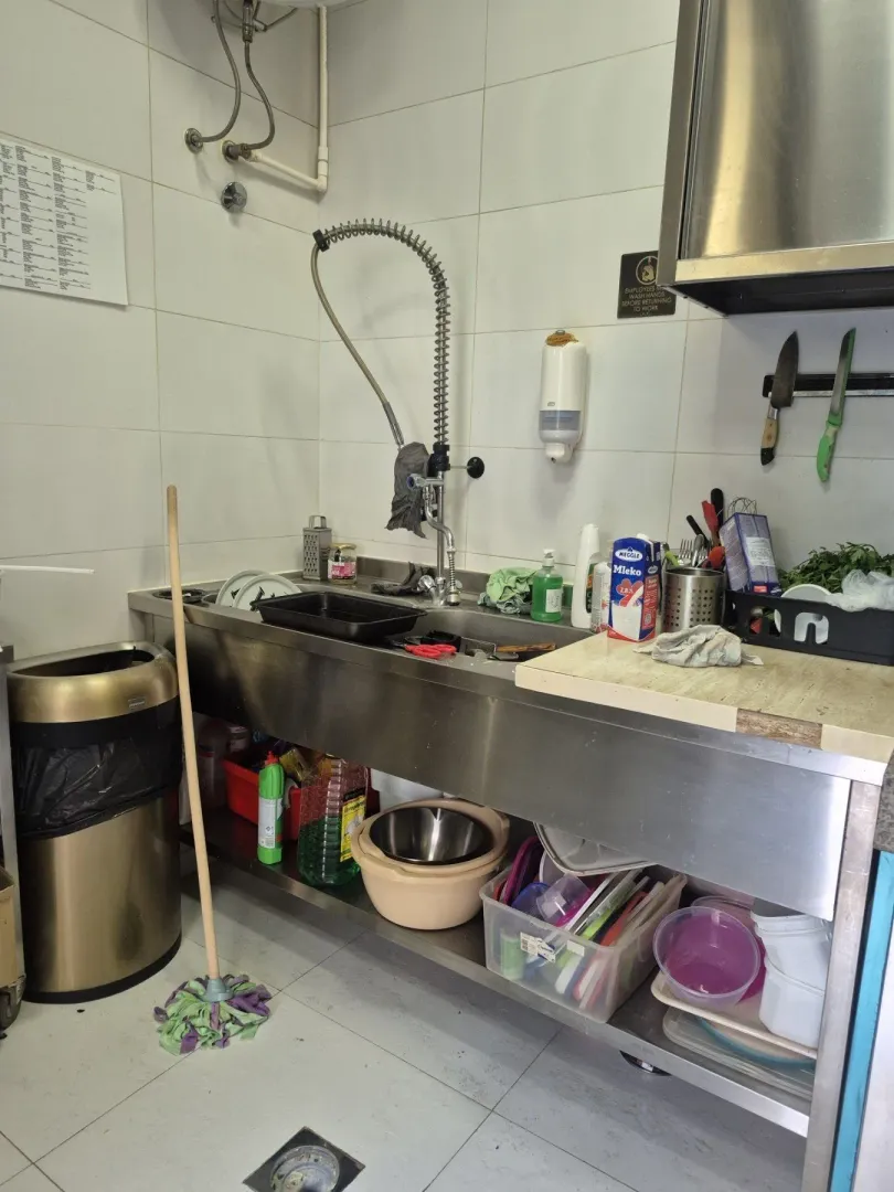 Kitchen area with a professional stainless steel sink.