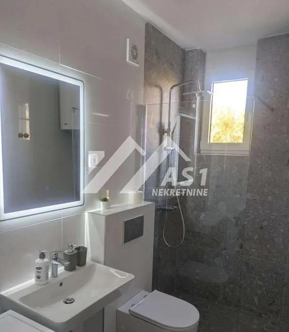 Modernly equipped bathroom with a walk-in shower and washbasin.