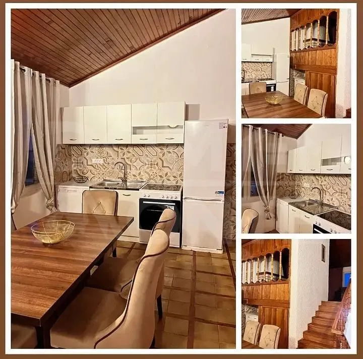 Kolaž slika prikazuje kuhinju sa trpezarijom i stepenište u enterijeru.