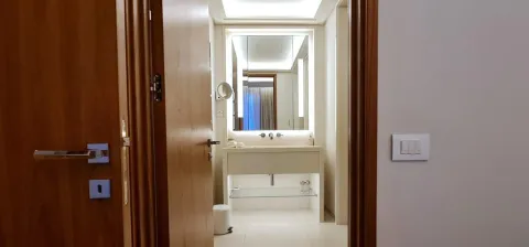 Pogled kroz otvoren vrata na moderno uređeno kupatilo sa umivaonikom i velikim ogledalom. - image 20
