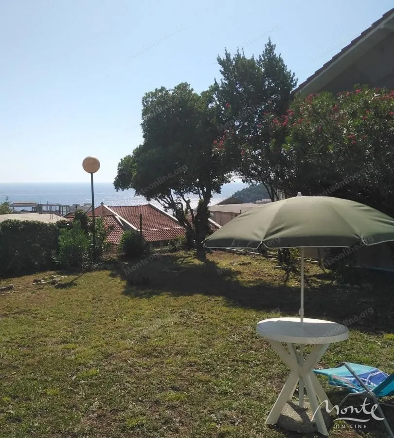 Green yard with a table, umbrella, and sea view.