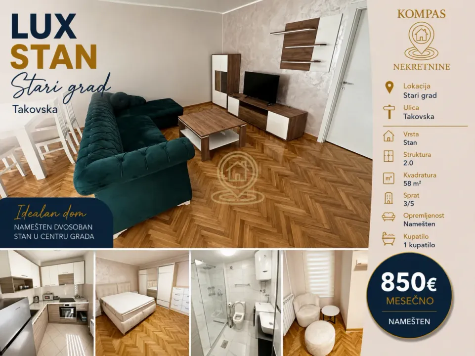 Rent, two bedroom apartment, 58m², Stari Grad, Beograd
