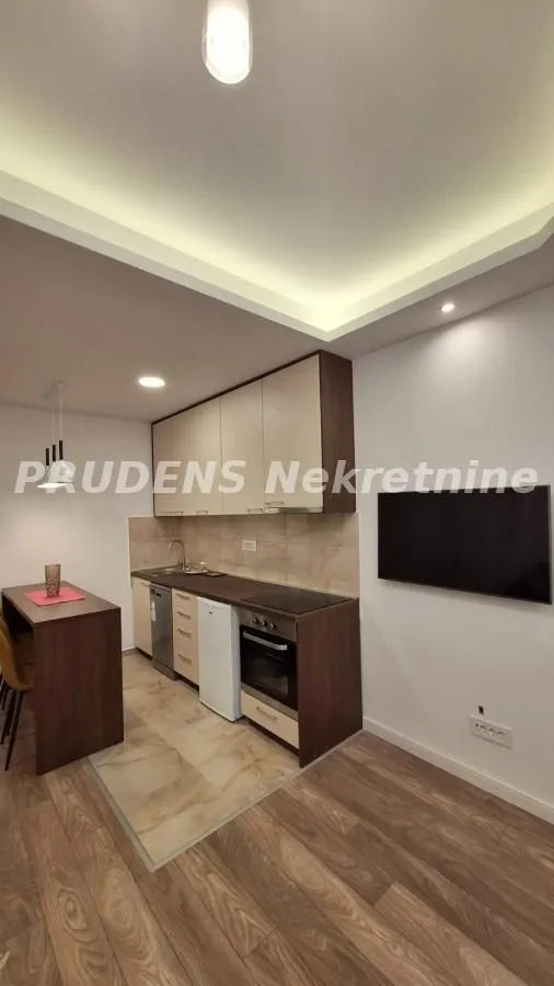 Small kitchen with cabinets and a breakfast bar integrated into the living area.
