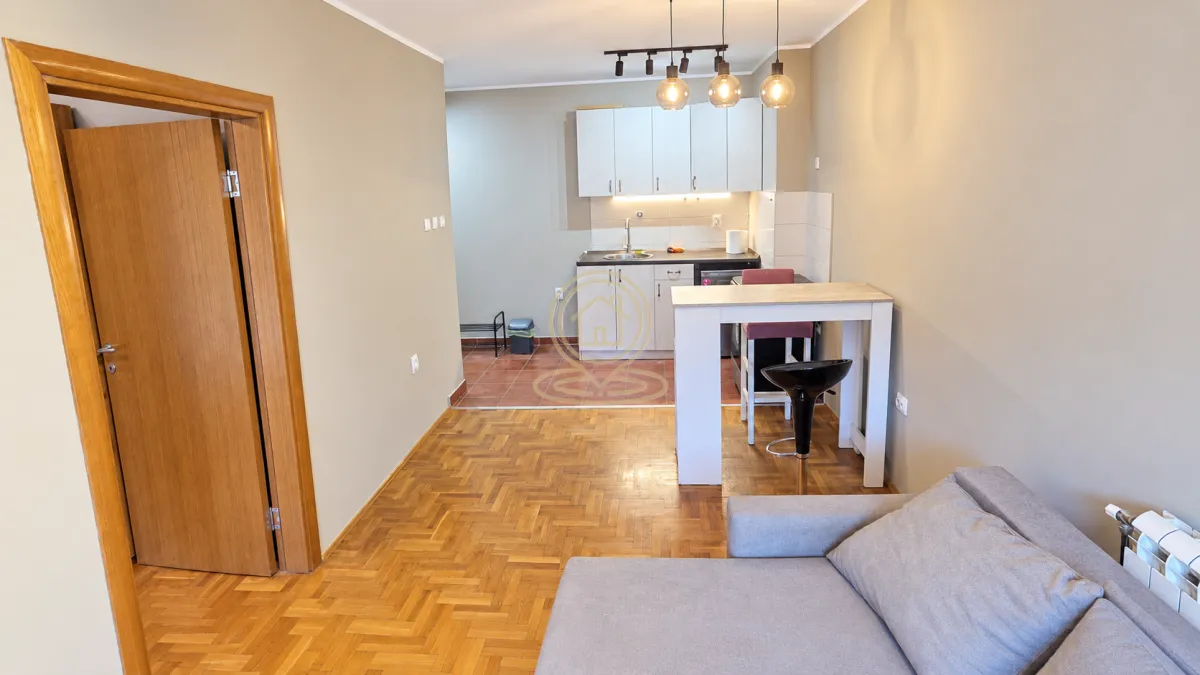 Living room with a sofa and a view of the open kitchen with a dining counter.