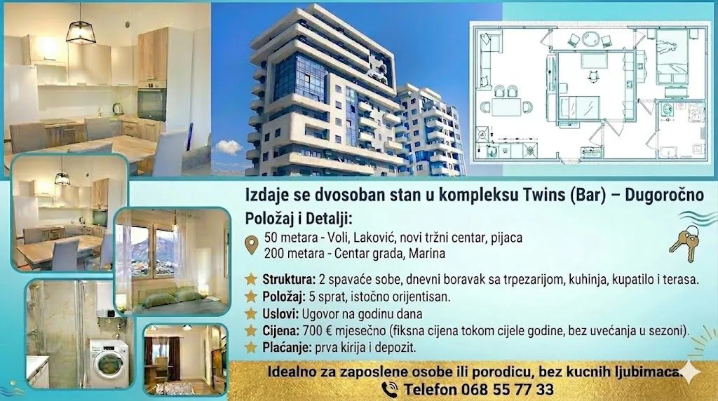 Rent, three bedroom apartment, 54m², Centar, Bar