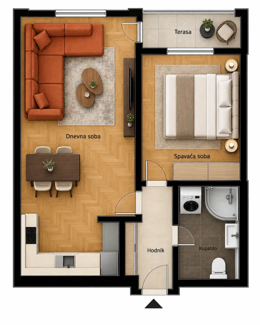 Izdavanje, jednosoban stan, 45m², Stari Aerodrom, Podgorica - Plan prostora