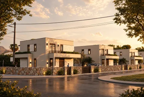 Spoljašnji izgled modernih kuća sa kamenim ogradama i uređenim dvorištem u sumrak. - image 11
