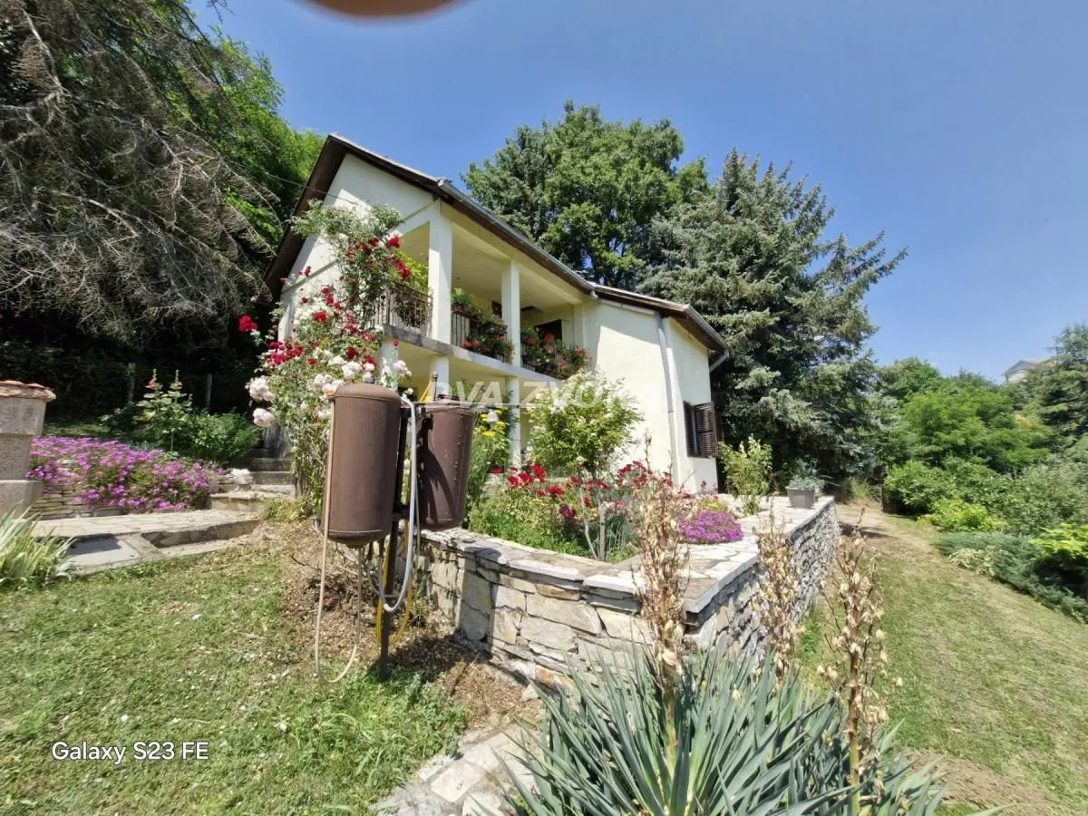 Pogled na dvorište i fasadu kuće okružene zelenilom.
