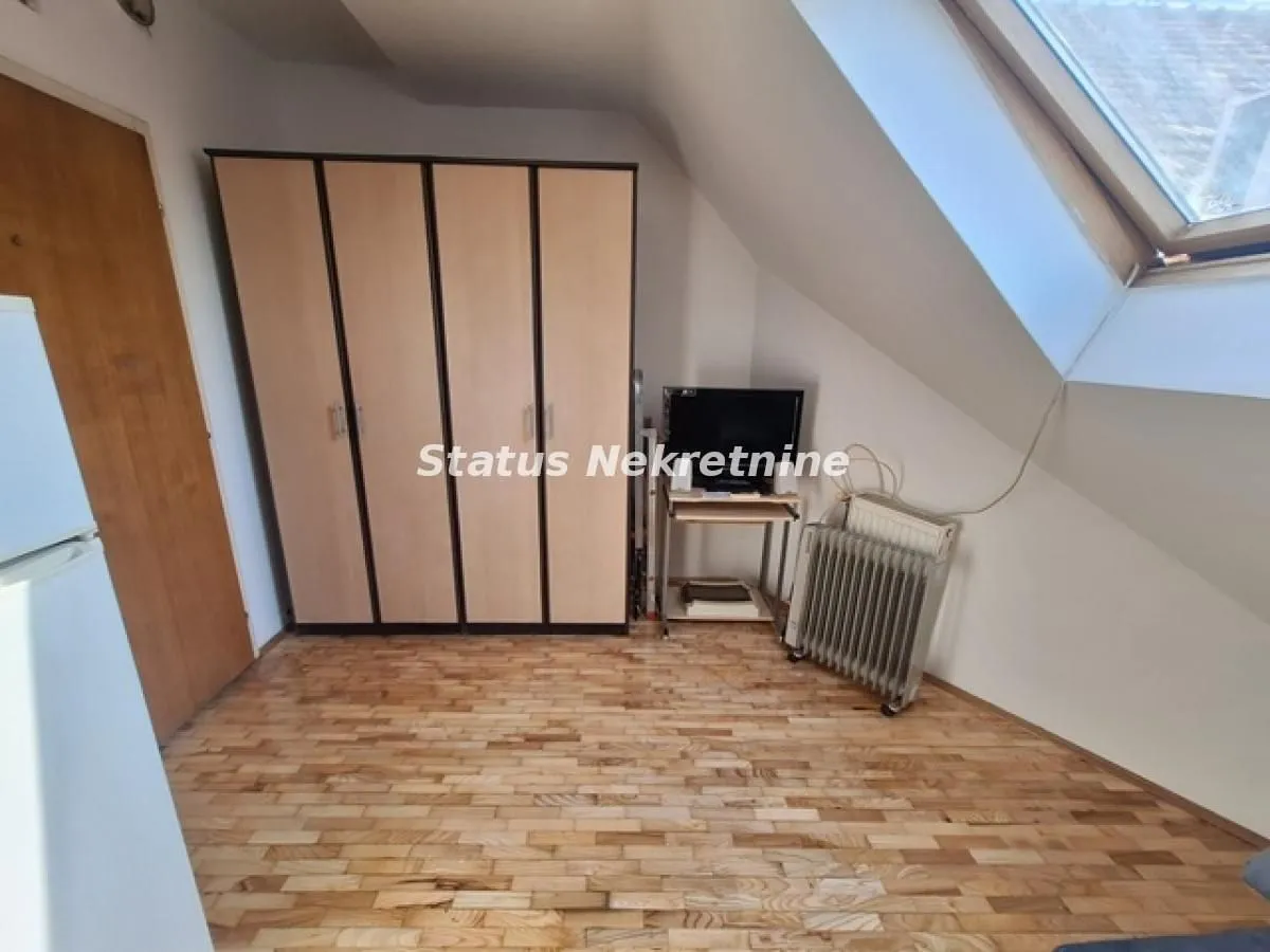 Attic room with wooden flooring, a large wardrobe, and a skylight.