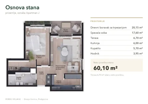 Osnova stana sa prikazom rasporeda prostorija i kvadraturom. - image 3