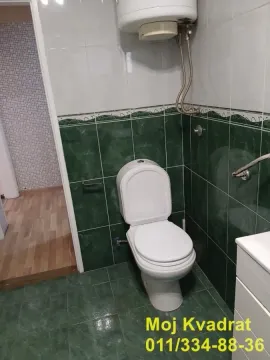 Smaller bathroom with green and white tiles and a toilet. - image 15