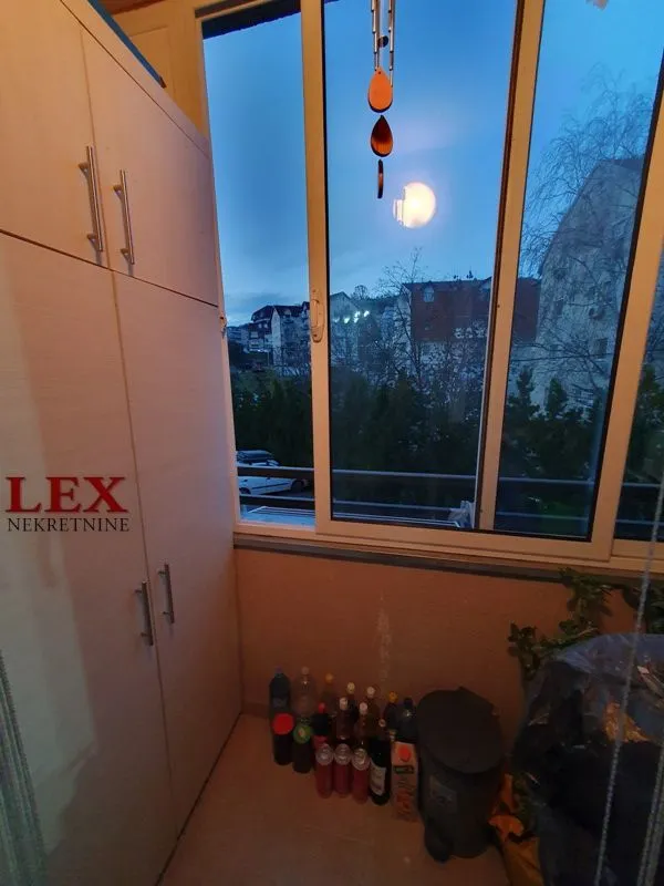 Zastakljeni balkon sa ugrađenim ormanom i pogledom na okolinu.