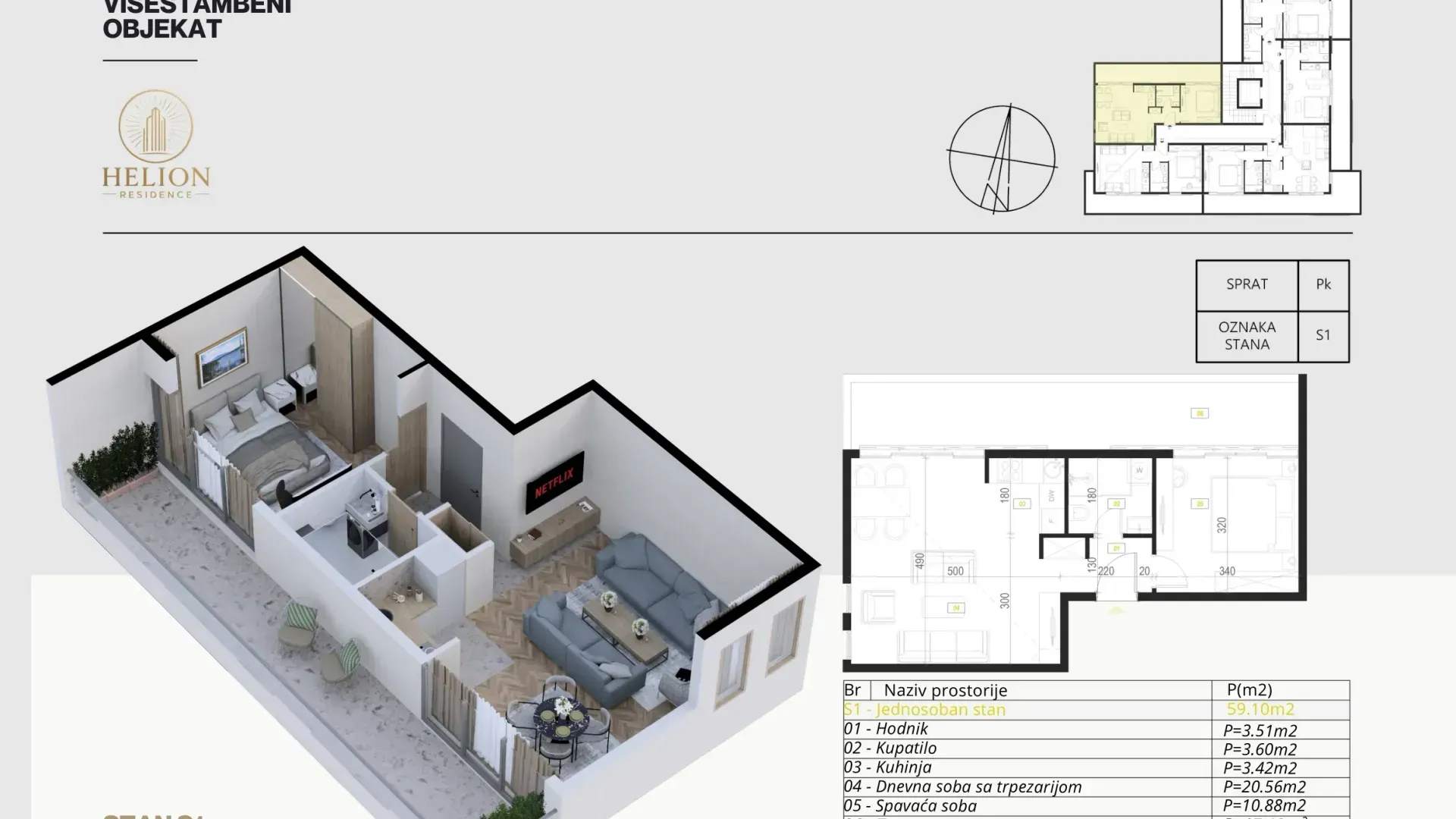 Prodaja, jednosoban stan, 52m², Podkošljun, Budva