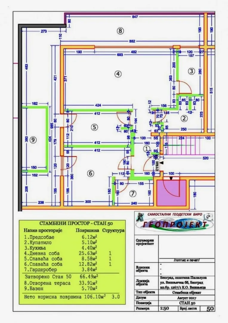 Arhitektonski plan stana sa detaljnim merama i rasporedom prostorija.