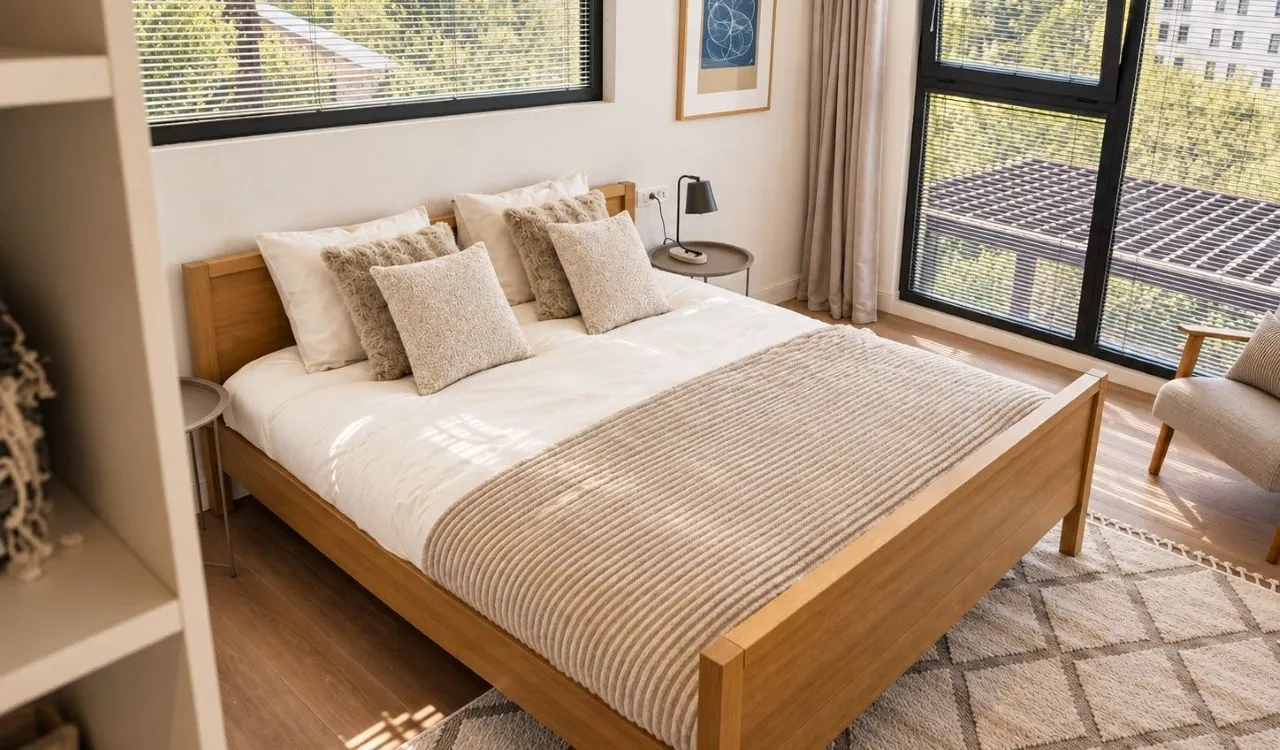 Bright bedroom with a wooden double bed and large windows.