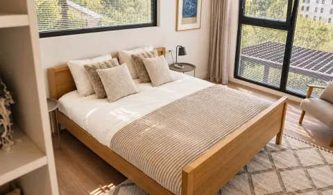 Bright bedroom with a wooden double bed and large windows. - image 13