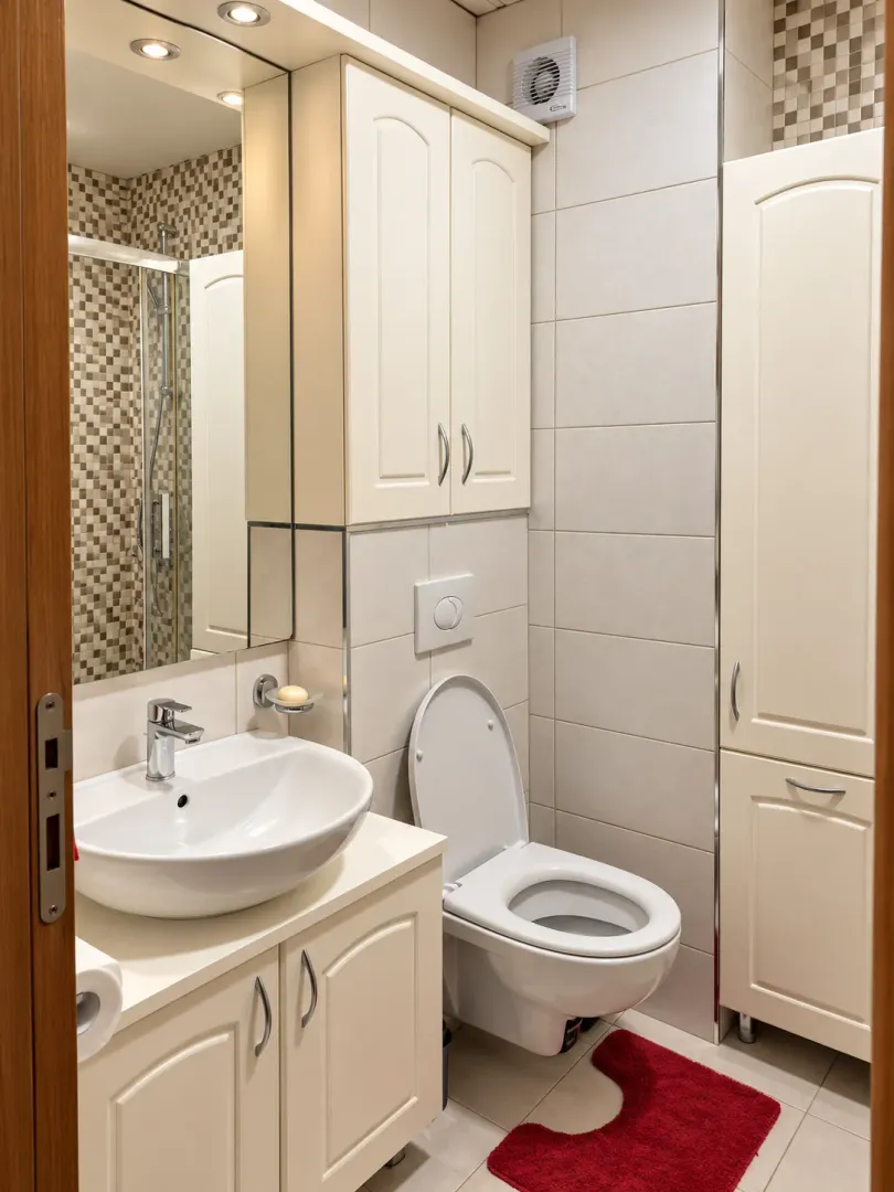 Compact bathroom with a washbasin, toilet, shower cabin, and fitted cabinets.