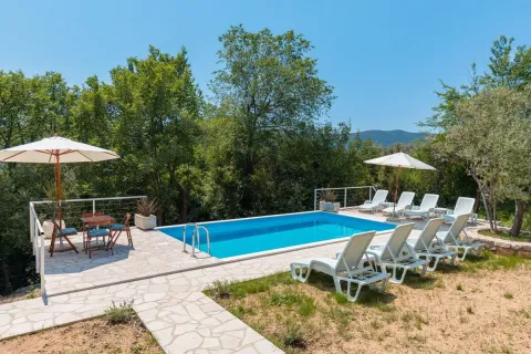 Swimming pool with sun loungers and umbrellas surrounded by greenery and trees. - image 3