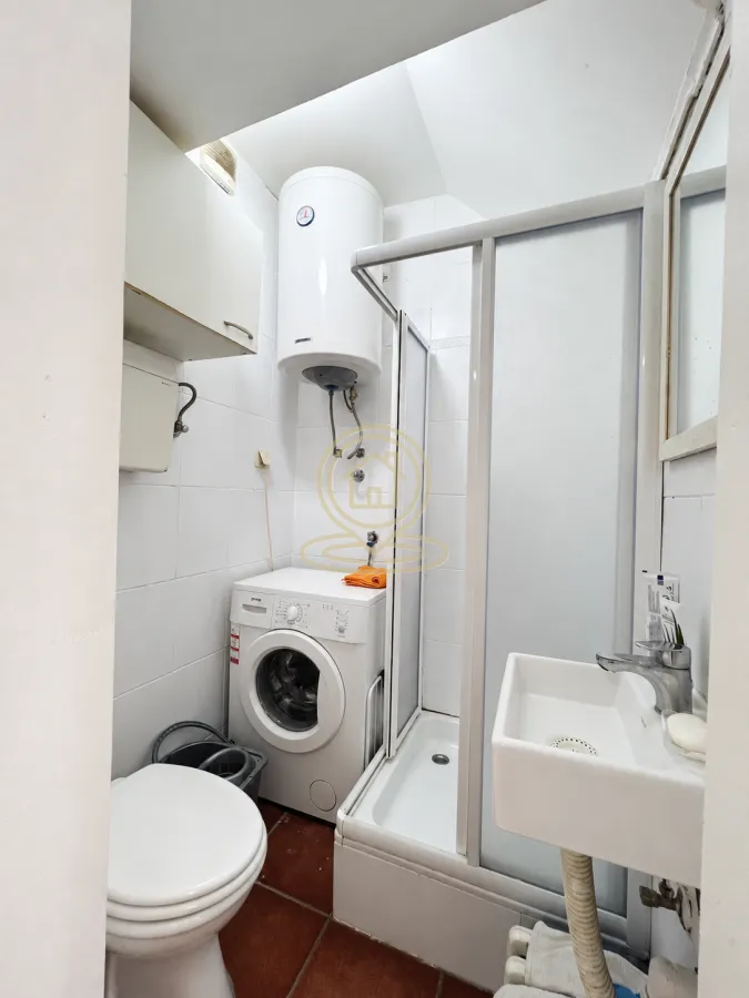 Smaller bathroom with a shower cabin, washbasin, toilet, and washing machine.