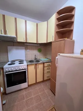 Manja kuhinja sa drvenim elementima, šporetom i frižiderom. - image 6