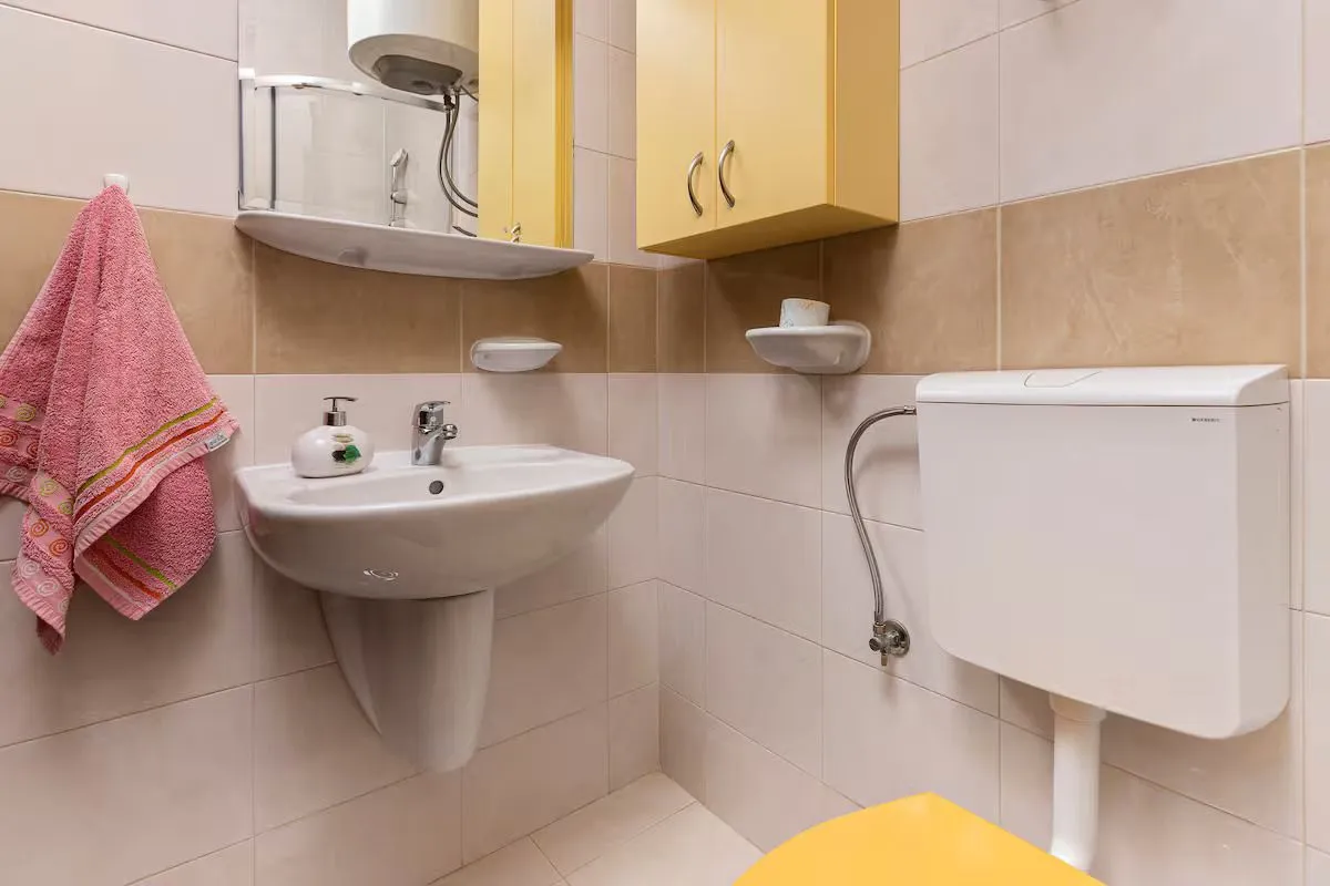 Smaller bathroom with a washbasin, mirror, and toilet.