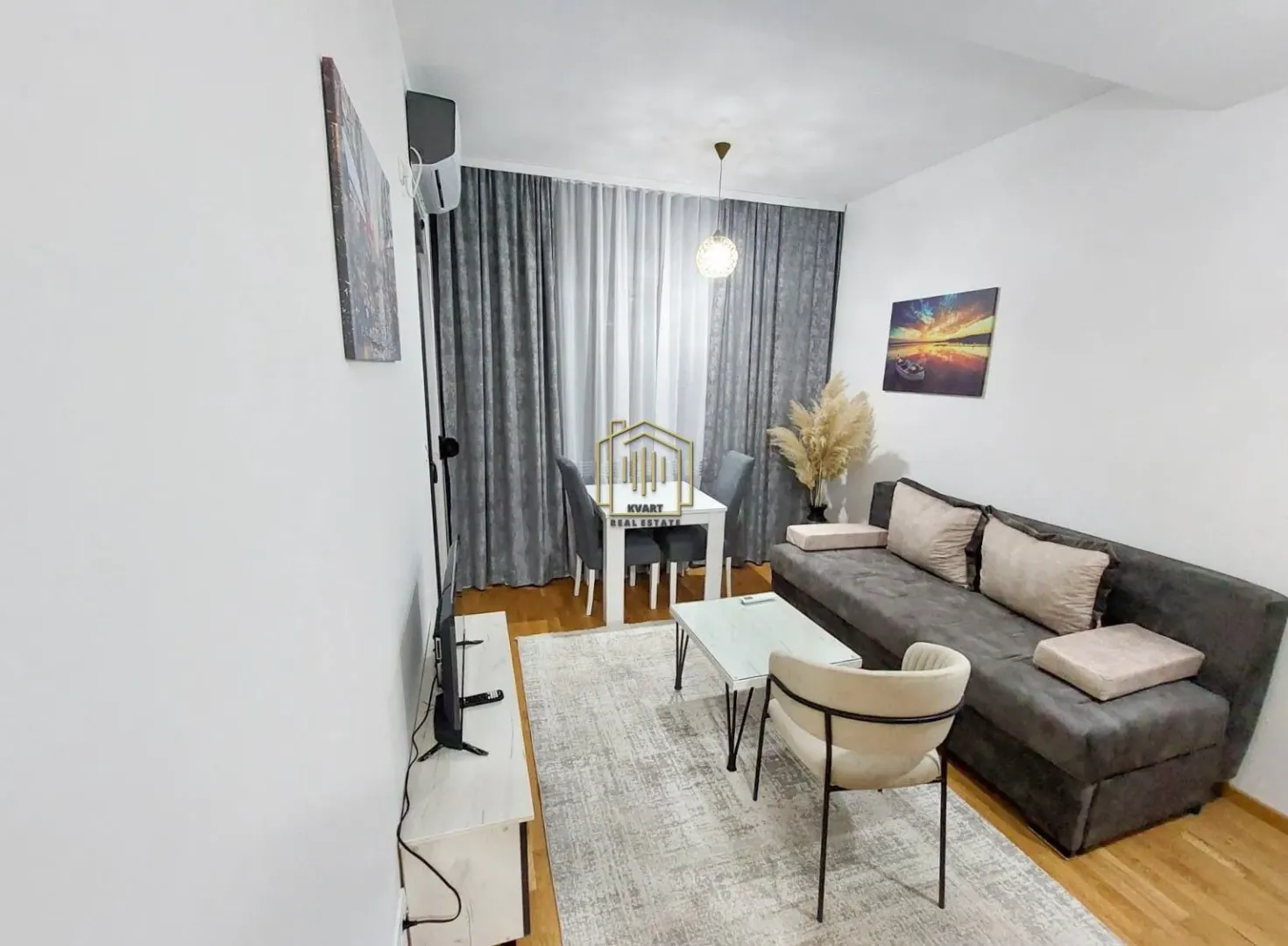 Living room with sofa, dining table, and rug.