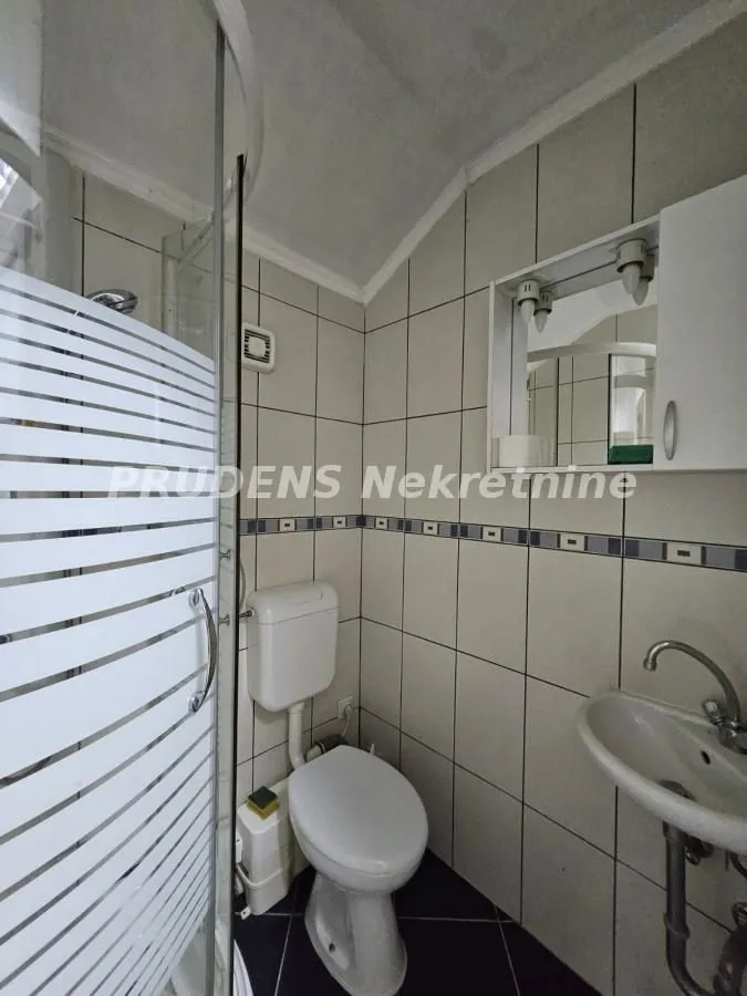 Smaller bathroom with a shower cabin, toilet, and sink.