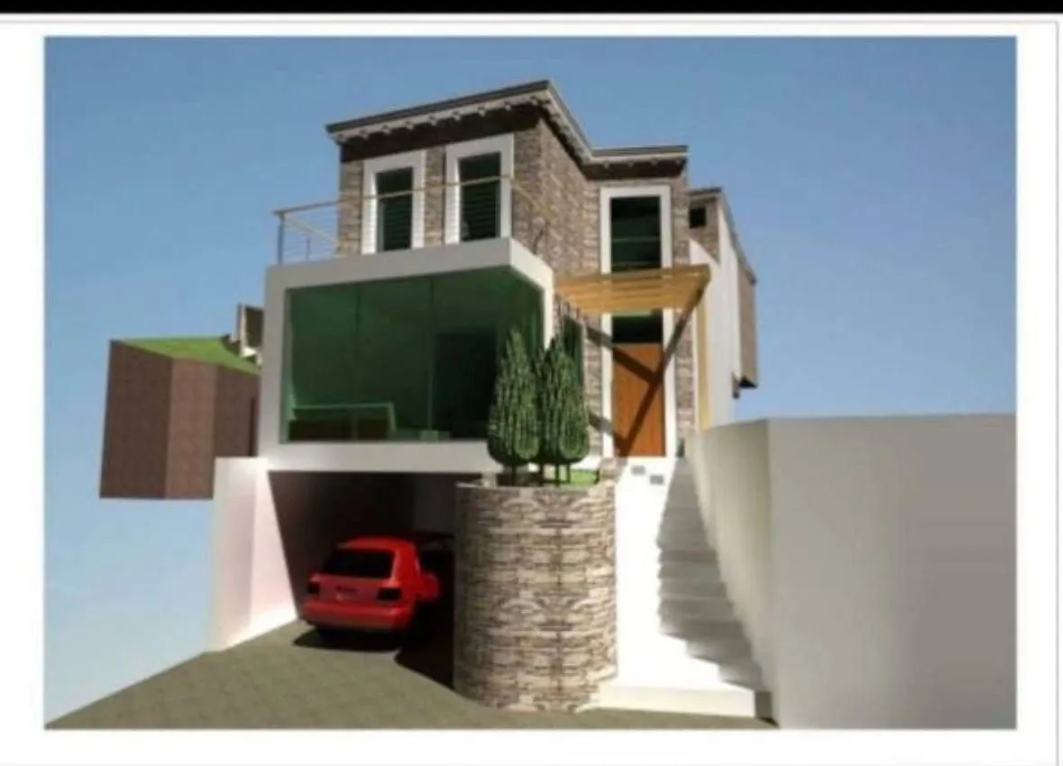 Exterior view of the house with a garage, staircase, and balcony.