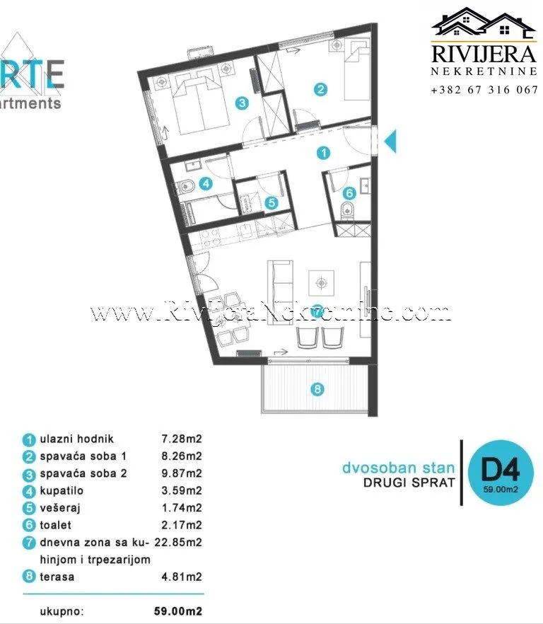 Prodaja, dvosoban stan, 59m², Tivat, Crna Gora