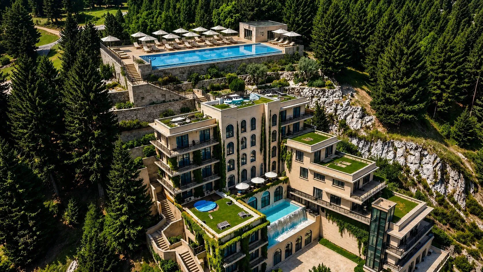 Pogled iz vazduha na luksuzni hotelski kompleks sa bazenima okružen šumom.