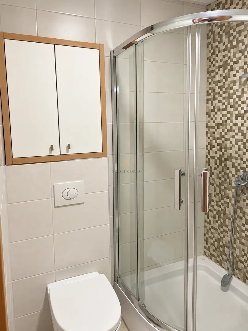 Kupatilo sa tuš kabinom, WC šoljom i zidnim ormarićem.