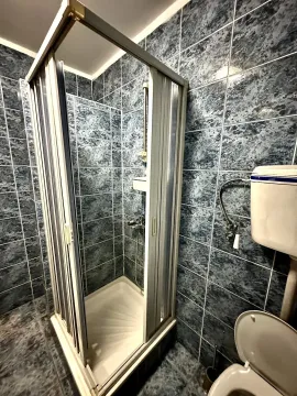 Kupatilo sa tuš kabinom i plavim pločicama. - image 18