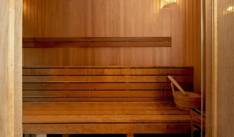 Drvena sauna sa klupama i drvenom kofom. - image 31