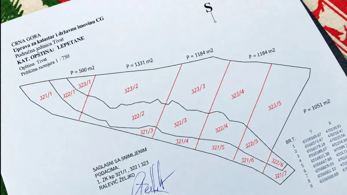 Katastarski plan parcele sa ucrtanim granicama i površinama.