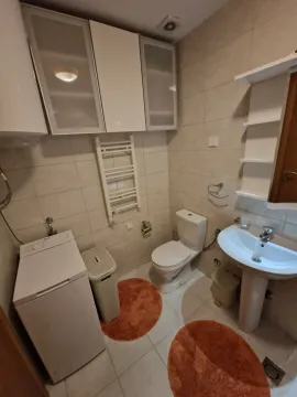 Manje kupatilo sa umivaonikom, WC šoljom, veš mašinom i zidnim elementima. - image 8