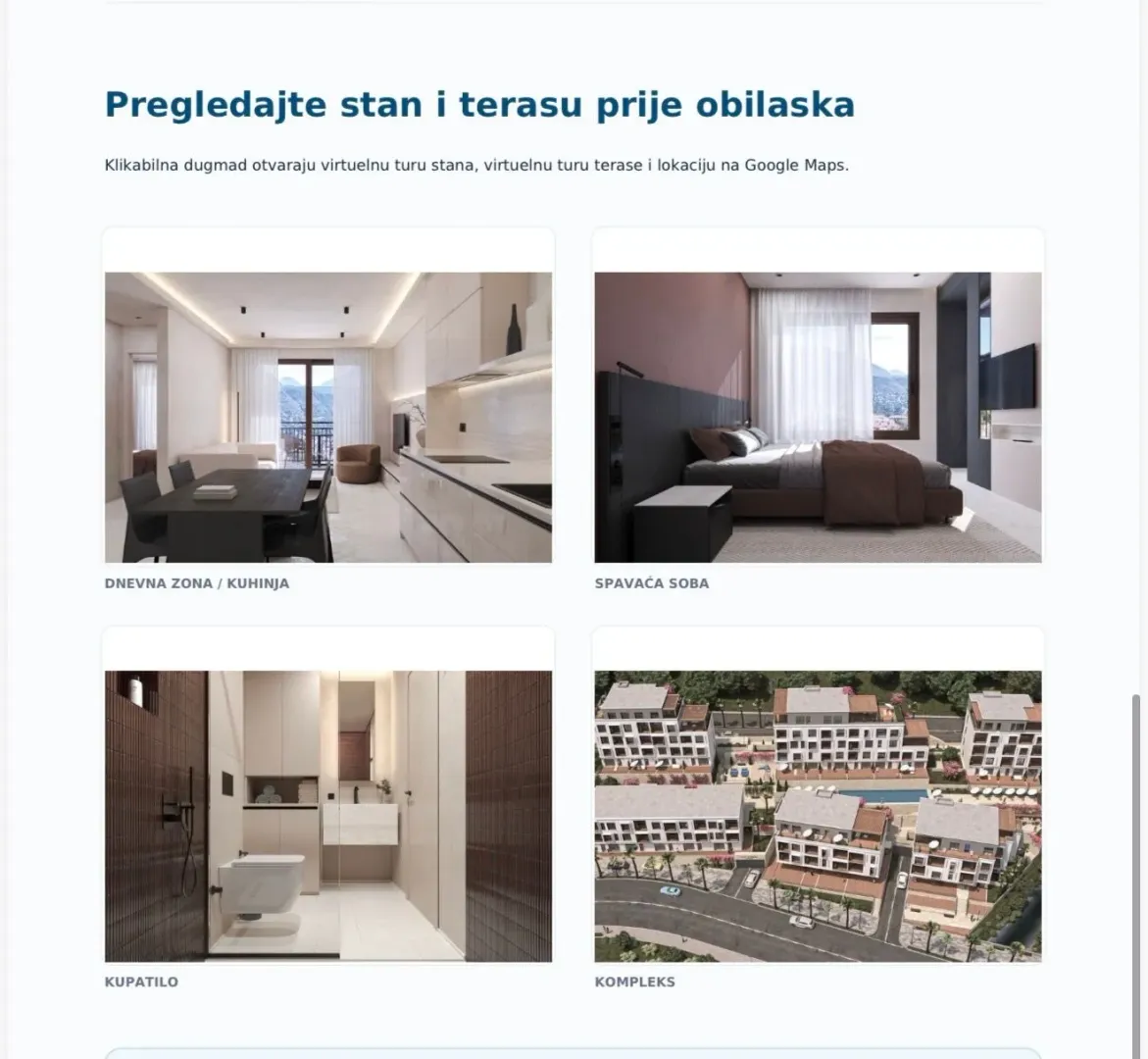 Prikaz ekrana sa pregledom različitih prostorija i 3D vizuelizacijom kompleksa.