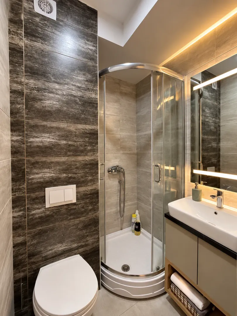 Modern bathroom equipped with a shower cabin, washbasin, and toilet.