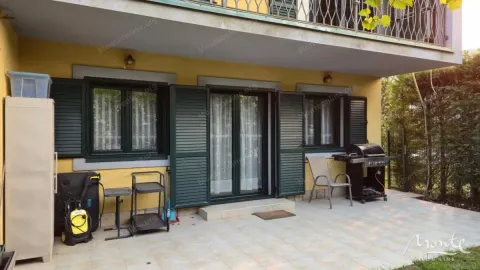 Dvorište kuće sa popločanom terasom, zelenilom i roštiljem. - image 2